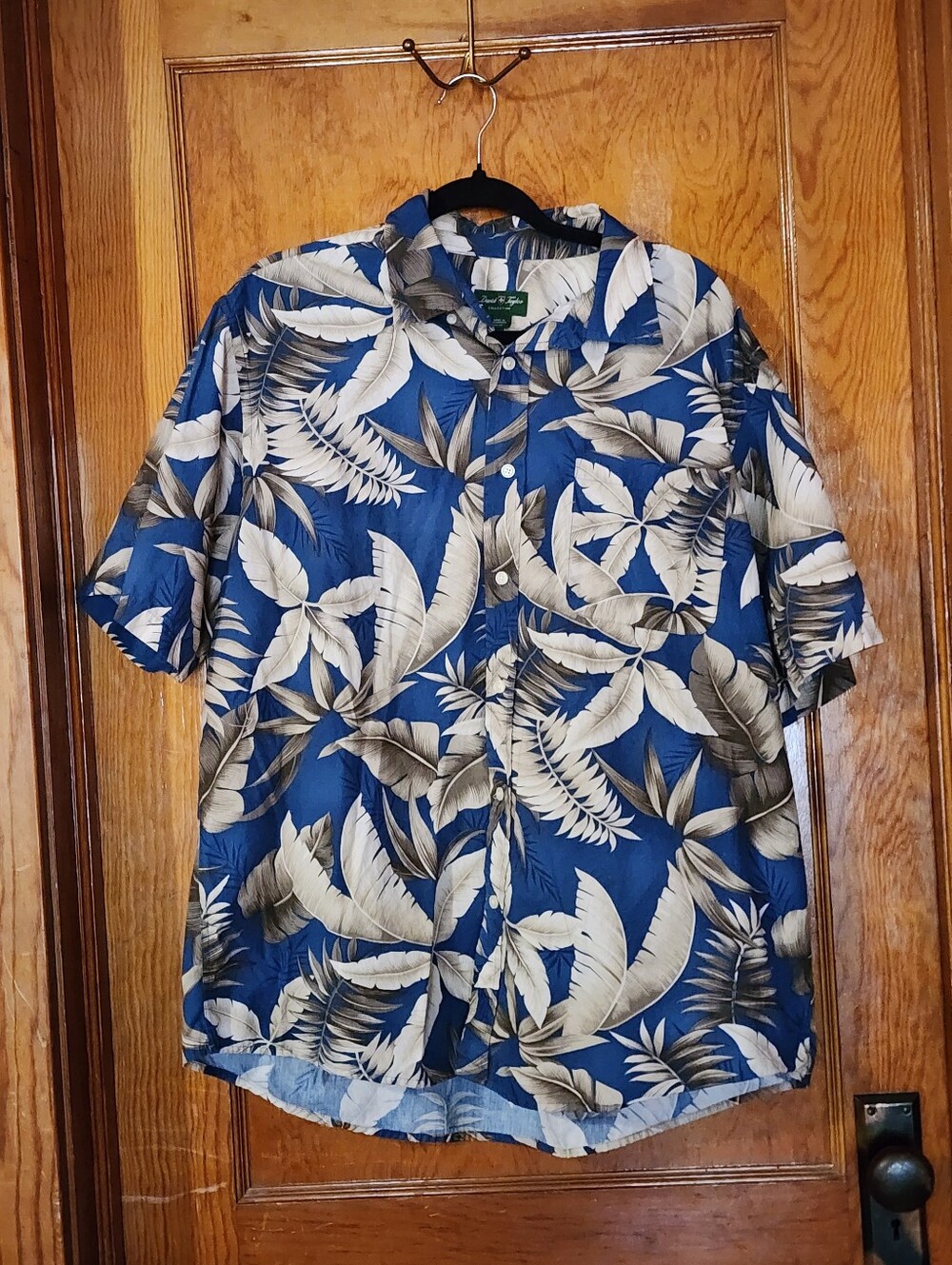 David Taylor Collection Men's XL Tropical Palm Leaf Hawaiian Shirt Blue Beige